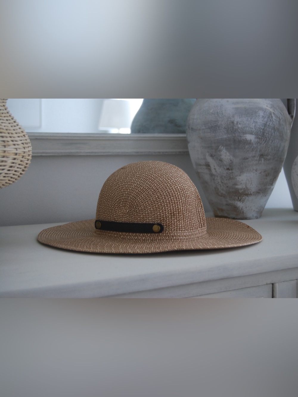 Toucan Woven Straw Wide Brim Hat in Tan with Black Band